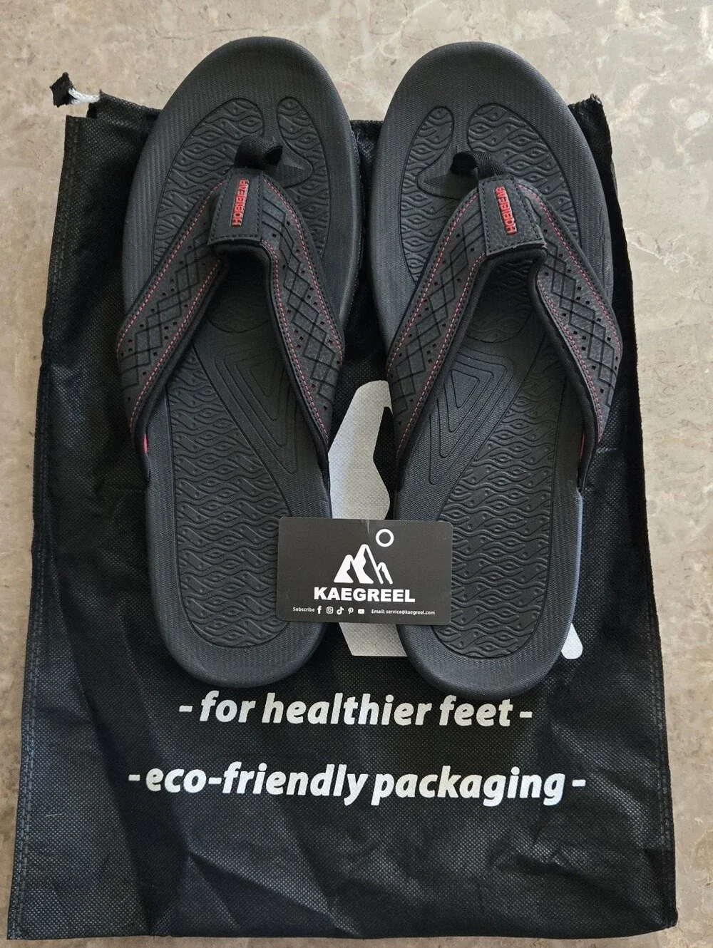 Kaegreel Men's Black Flip-Flop Sandals with Red Stitching